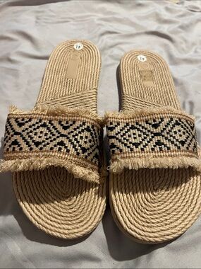 Beginning Boutique Tan Slide Sandals with Black Patterned Strap